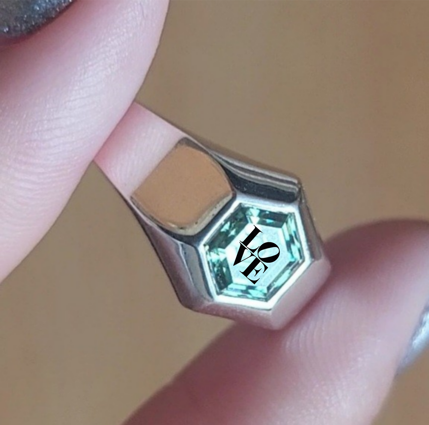 Moissanite Octogonal Ring With LOVE Laser Engraved On The Diamond