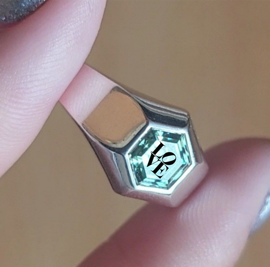 Moissanite Octogonal Ring With LOVE Laser Engraved On The Diamond