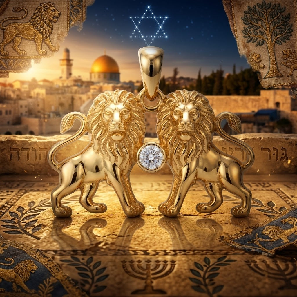 תליון גדול אריות ירושלים בשיבוץ יהלום מעבדה זהב 14 קראט צהוב/לבן/רוז גולד - עיצוב מיוחד