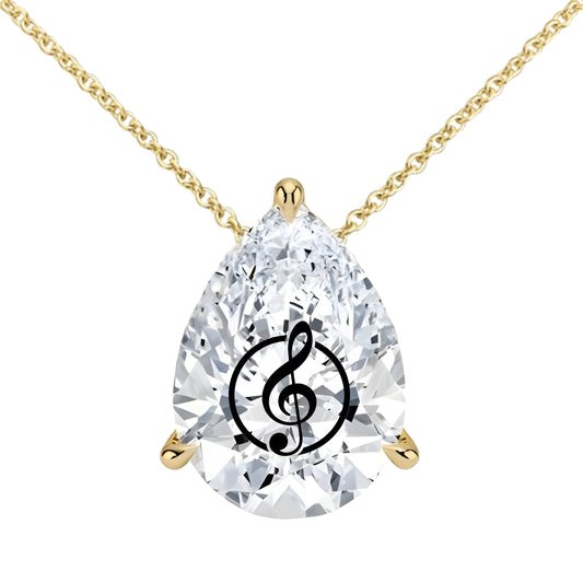 שרשרת אבן מוסונייט טיפה מרחפת עם חריטת לייזר תו מוזיקלי - זהב 14 קראט צהוב/לבן/רוז גולד