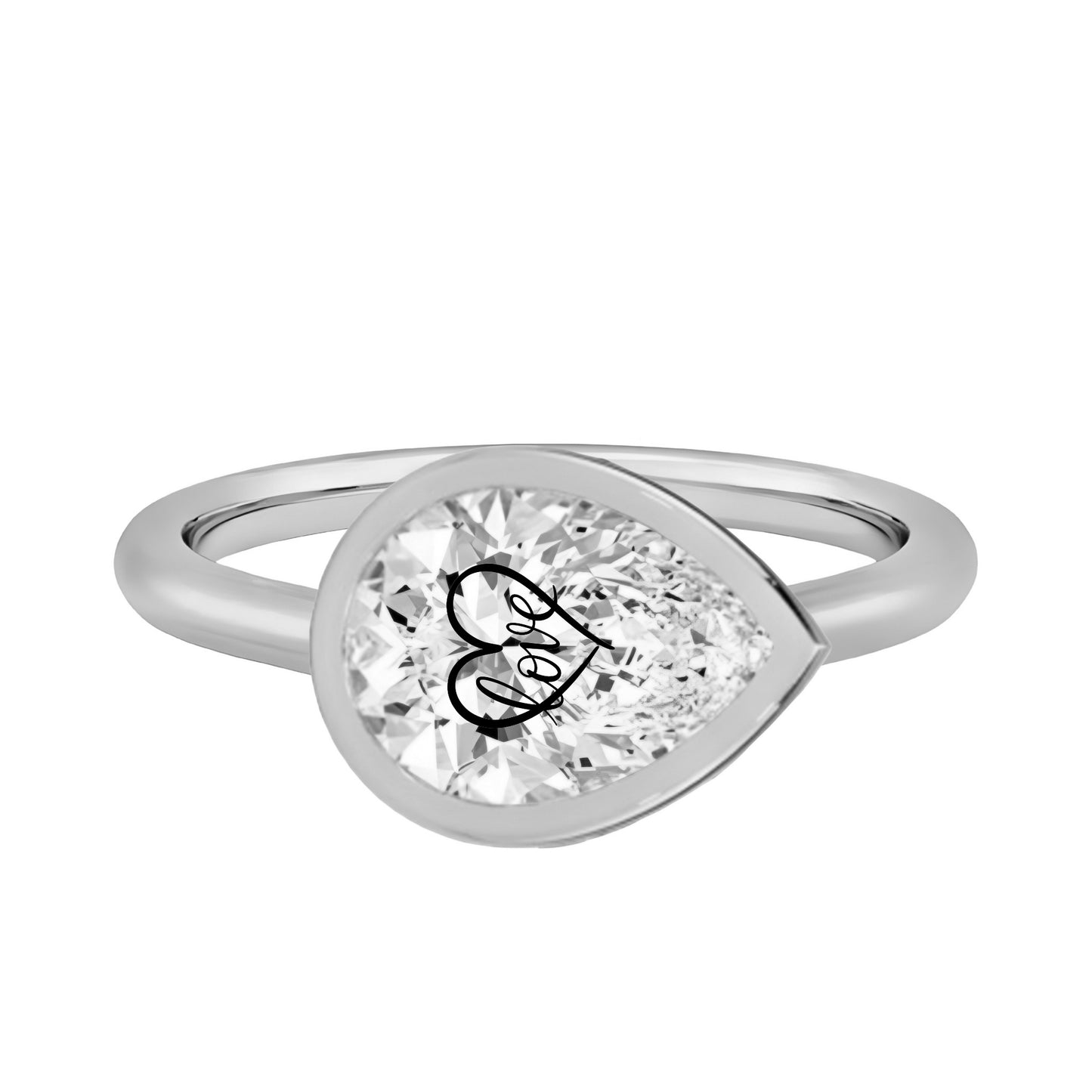 טבעת חותם יהלום מעבדה טיפה עם חריטת לייזר לב Love - זהב 14 קראט לבן/צהוב/רוז גולד – טבעת ייחודית