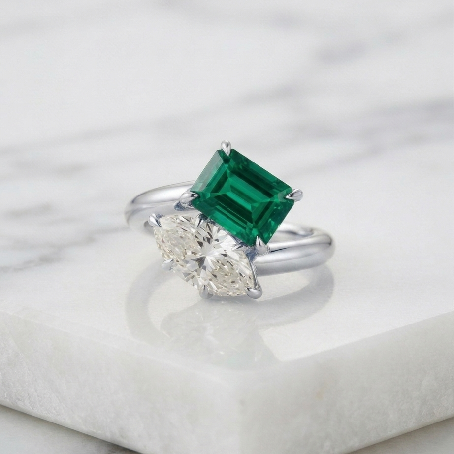 Toi Et Moi Ring Lab Grown Diamond Marquise & Lab Grown Emerald 14K Yellow/White/Rose Gold