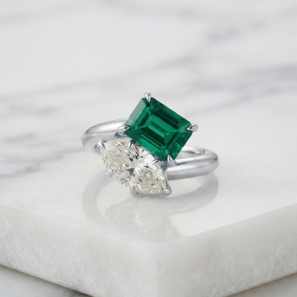 Toi Et Moi Ring Lab Grown Diamond Marquise & Lab Grown Emerald 14K Yellow/White/Rose Gold