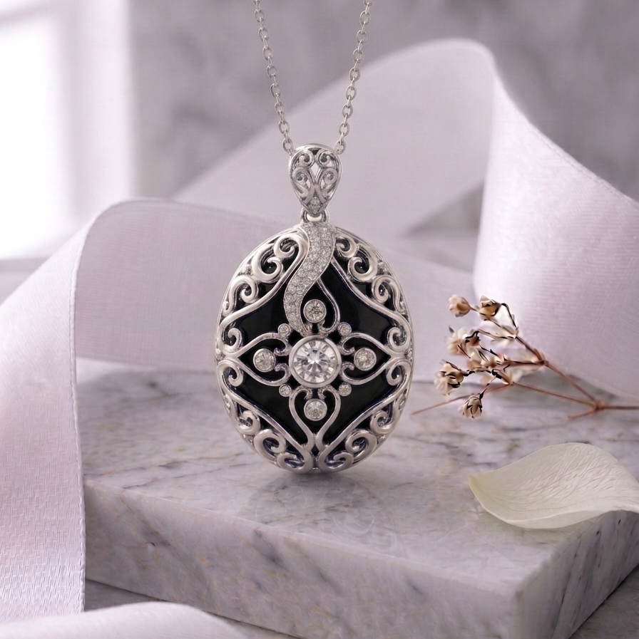 Oval Onyx Stone & Lab Grown Diamonds Fancy Pendant Necklace 14K Yellow/White/Rose Gold