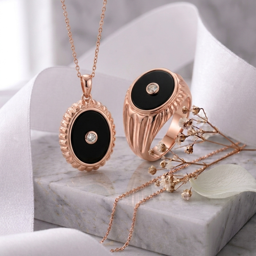 Oval Onyx Stone & Lab Grown Diamonds Signet Ring With Matching Pendant Necklace 14K Yellow/White/Rose Gold
