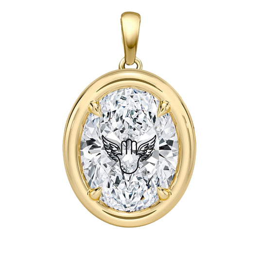 Laser Engrave Lab Grown Diamond Oval Bezel Prongs Pendant Hamsa Engraved 14K Gold