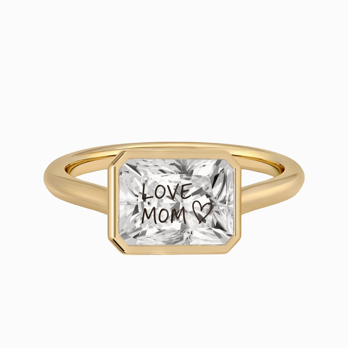 Laser Engrave Onto A Center Of Moissanite Stone Radiant Bezel Signet Ring Personalized Handwriting Engraved 14K Gold