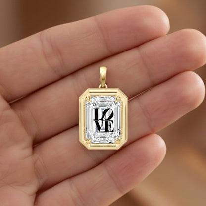 Laser Engrave Lab Grown Diamond Emerald Bezel Prongs Pendant LOVE Engraved 14K Gold