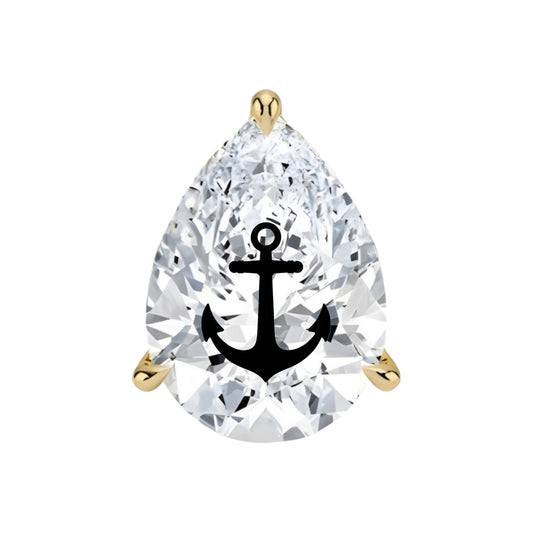 עגיל יהלום מעבדה טיפה עם חריטת לייזר עוגן – זהב 14 קראט לבן/צהוב/רוז גולד – עגיל ייחודי עם מסר מיוחד