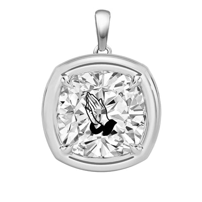 Laser Engrave On Lab Grown Diamond Cushion Bezel Prongs Pendant Praying Hands Engraved 14K Gold