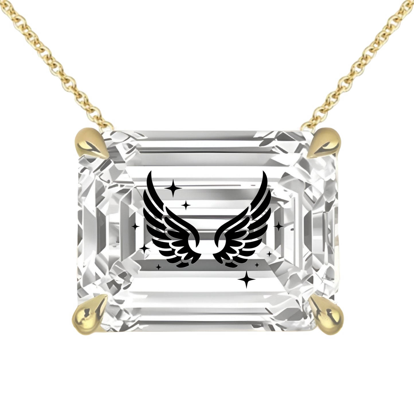 שרשרת אבן מוסונייט אמרלד מרחף חריטה כנפי מלאך וכוכבים - זהב 14 קראט צהוב/לבן/רוז גולד