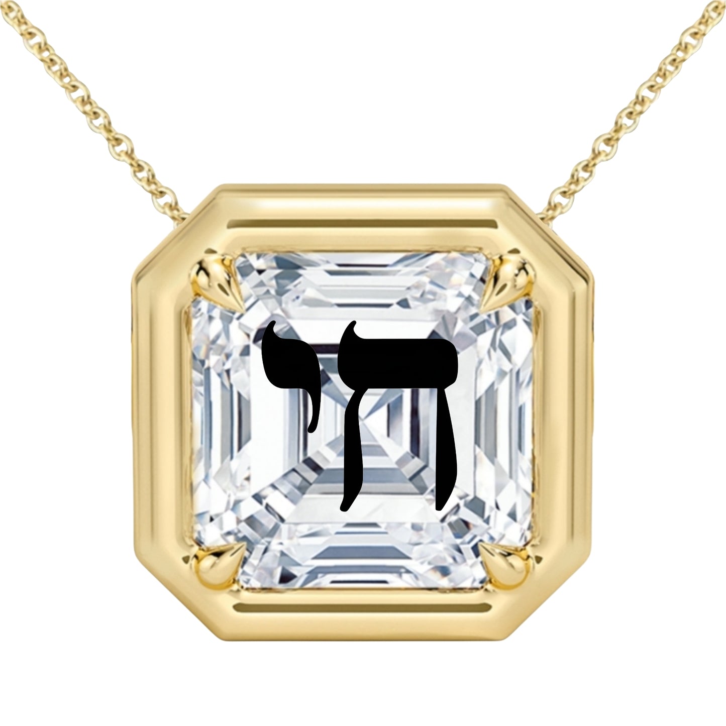 Laser Engrave On Lab Grown Diamond Asscher Bezel Prongs Pendant Chai Engraved Necklace 14K Gold
