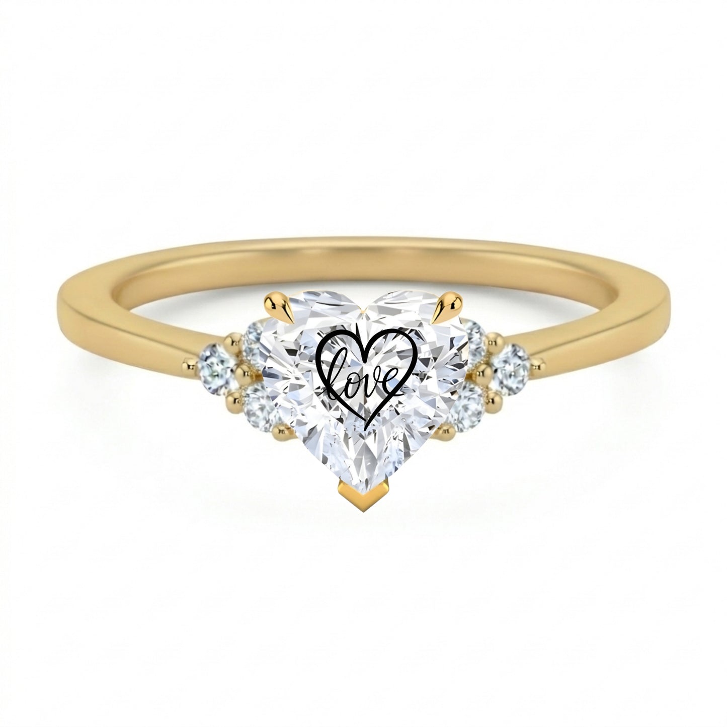 Laser Engrave On Center Of Lab Grown Diamond Heart Ring Heart Love Engraved 14K Gold