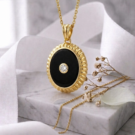 Oval Onyx Stone & Lab Grown Diamond Pendant Necklace 14K Yellow/White/Rose Gold