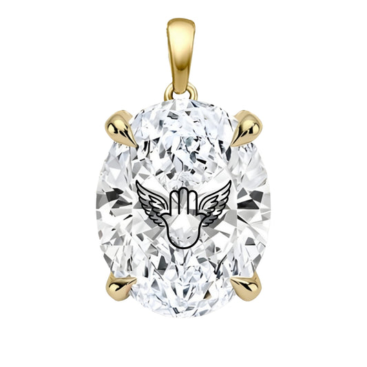 תליון אבן מוסונייט אובל עם חריטת לייזר חמסה כנפי מלאך - זהב 14 קראט צהוב/לבן/רוז גולד