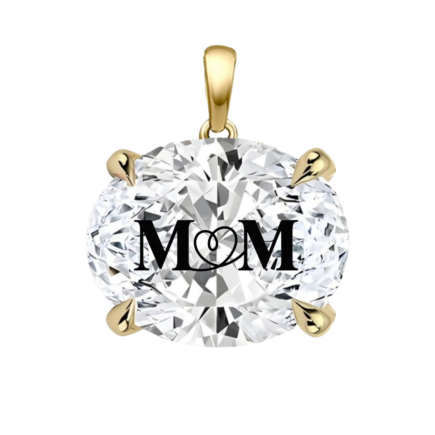 תליון יהלום מעבדה אובל עם חריטת לייזר MOM - זהב 14 קראט צהוב/לבן/רוז גולד