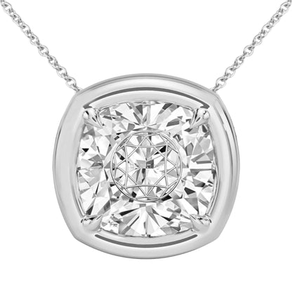 Lab Grown Diamond Cushion Bezel Prongs Pendant Necklace 14K Yellow/White/Rose Gold