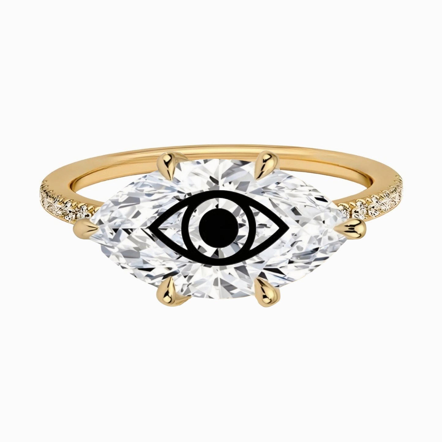 טבעת יהלום מעבדה מרקיזה חריטה עין הרע ויהלומים בצדדים - זהב 14 קראט צהוב/לבן/רוז גולד