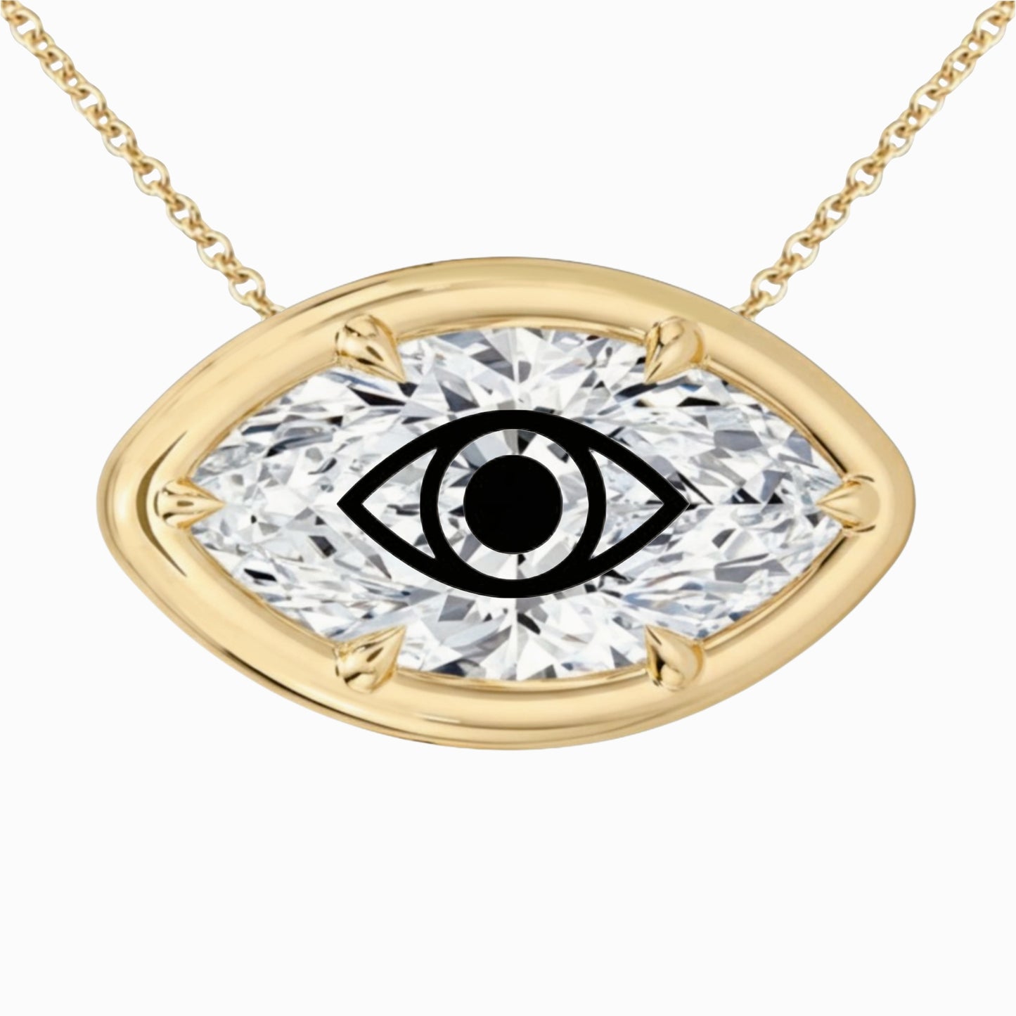 Laser Engrave On Lab Grown Diamond Marquise Bezel Prongs Pendant Evil Eye Engraved Necklace 14K Gold