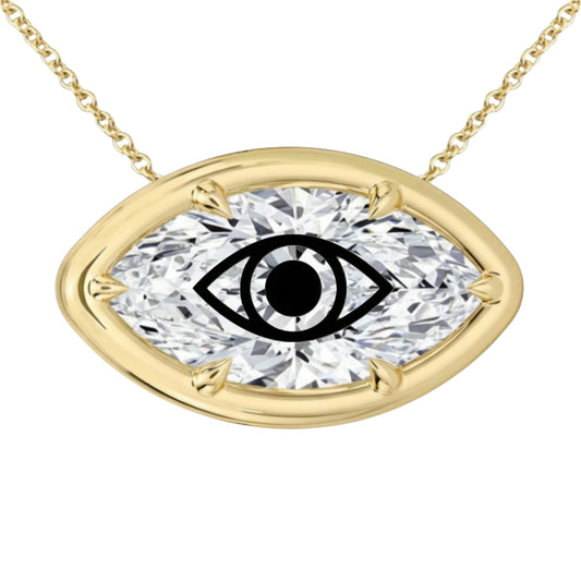 Laser Engrave On Lab Grown Diamond Marquise Bezel Prongs Pendant Evil Eye Engraved Necklace 14K Gold