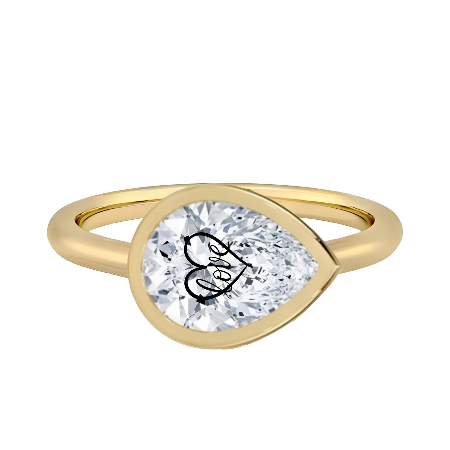 טבעת חותם יהלום מעבדה טיפה עם חריטת לייזר לב Love - זהב 14 קראט לבן/צהוב/רוז גולד – טבעת ייחודית