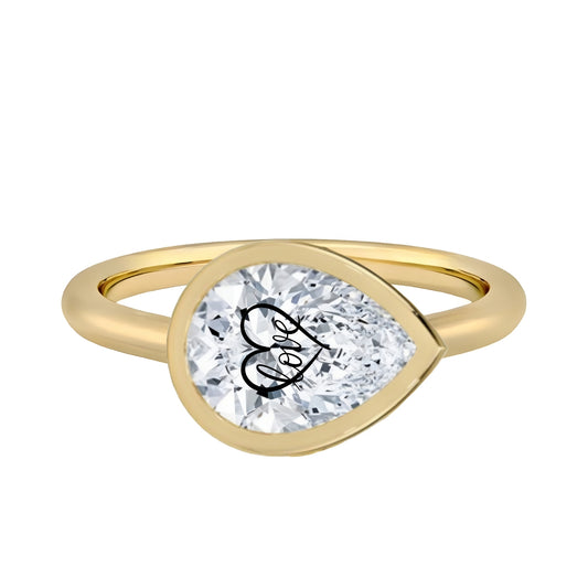 טבעת חותם יהלום מעבדה טיפה עם חריטת לייזר לב Love - זהב 14 קראט לבן/צהוב/רוז גולד – טבעת ייחודית