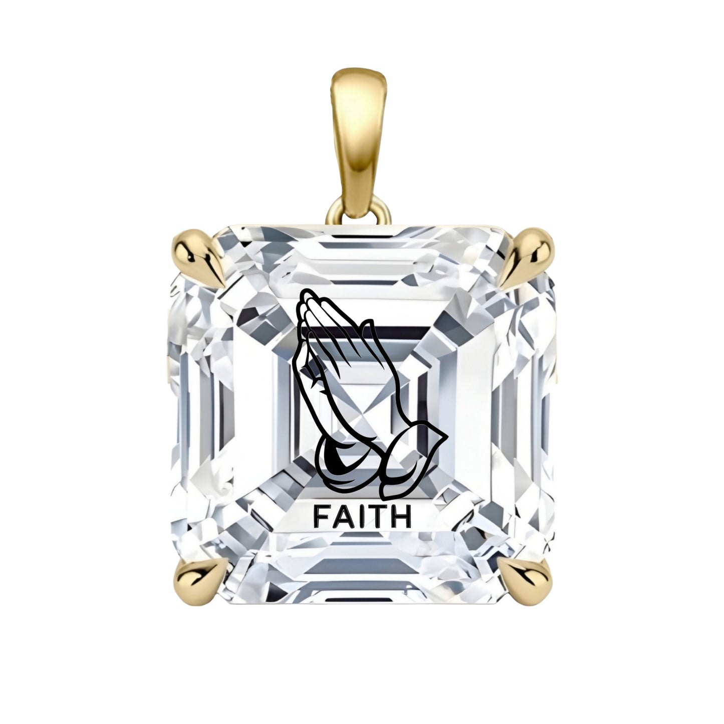 תליון יהלום מעבדה אשר עם חריטת לייזר ידיים מתפללות FAITH - זהב 14 קראט צהוב/לבן/רוז גולד