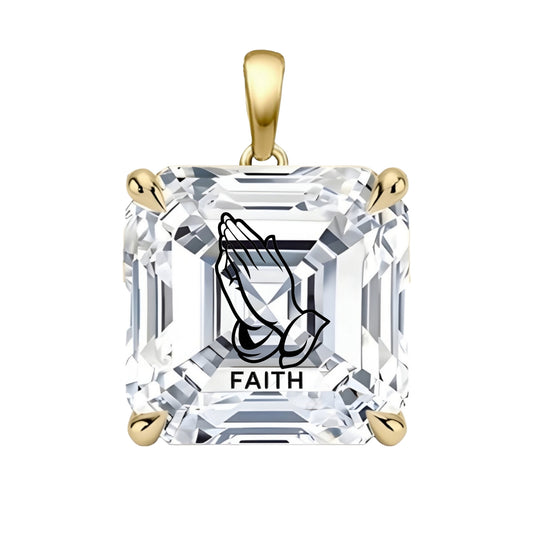 תליון יהלום מעבדה אשר עם חריטת לייזר ידיים מתפללות FAITH - זהב 14 קראט צהוב/לבן/רוז גולד