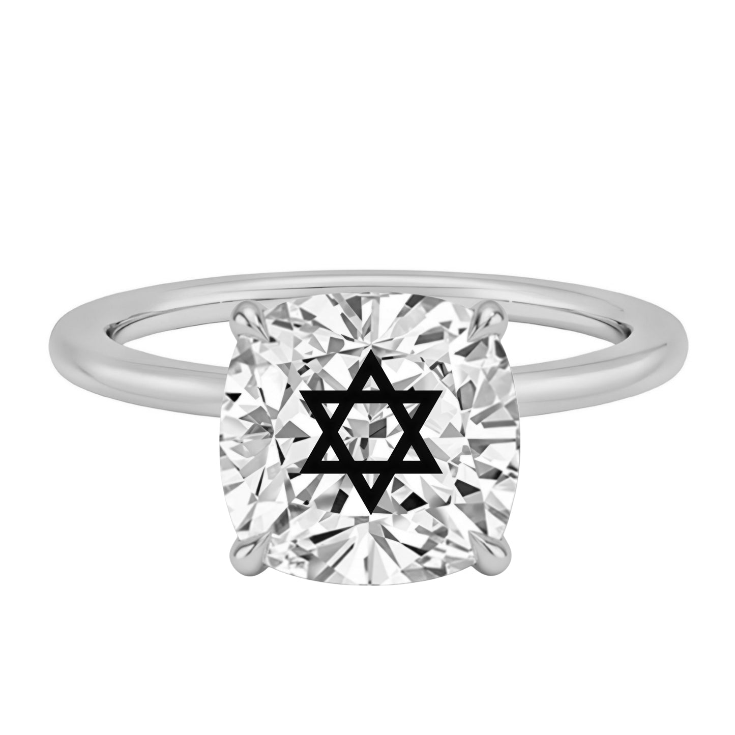 טבעת יהלום מעבדה קושן חריטה מגן דוד - זהב 14 קראט צהוב/לבן/רוז גולד