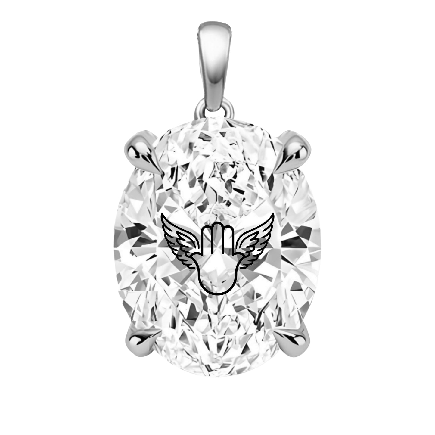 תליון אבן מוסונייט אובל עם חריטת לייזר חמסה כנפי מלאך - זהב 14 קראט צהוב/לבן/רוז גולד