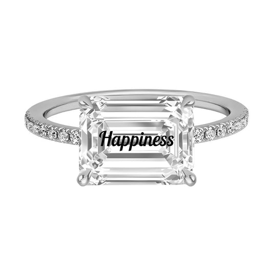 טבעת אבן מוסונייט אמרלד חריטה Happiness עם אבנים בצדדים - כסף 925