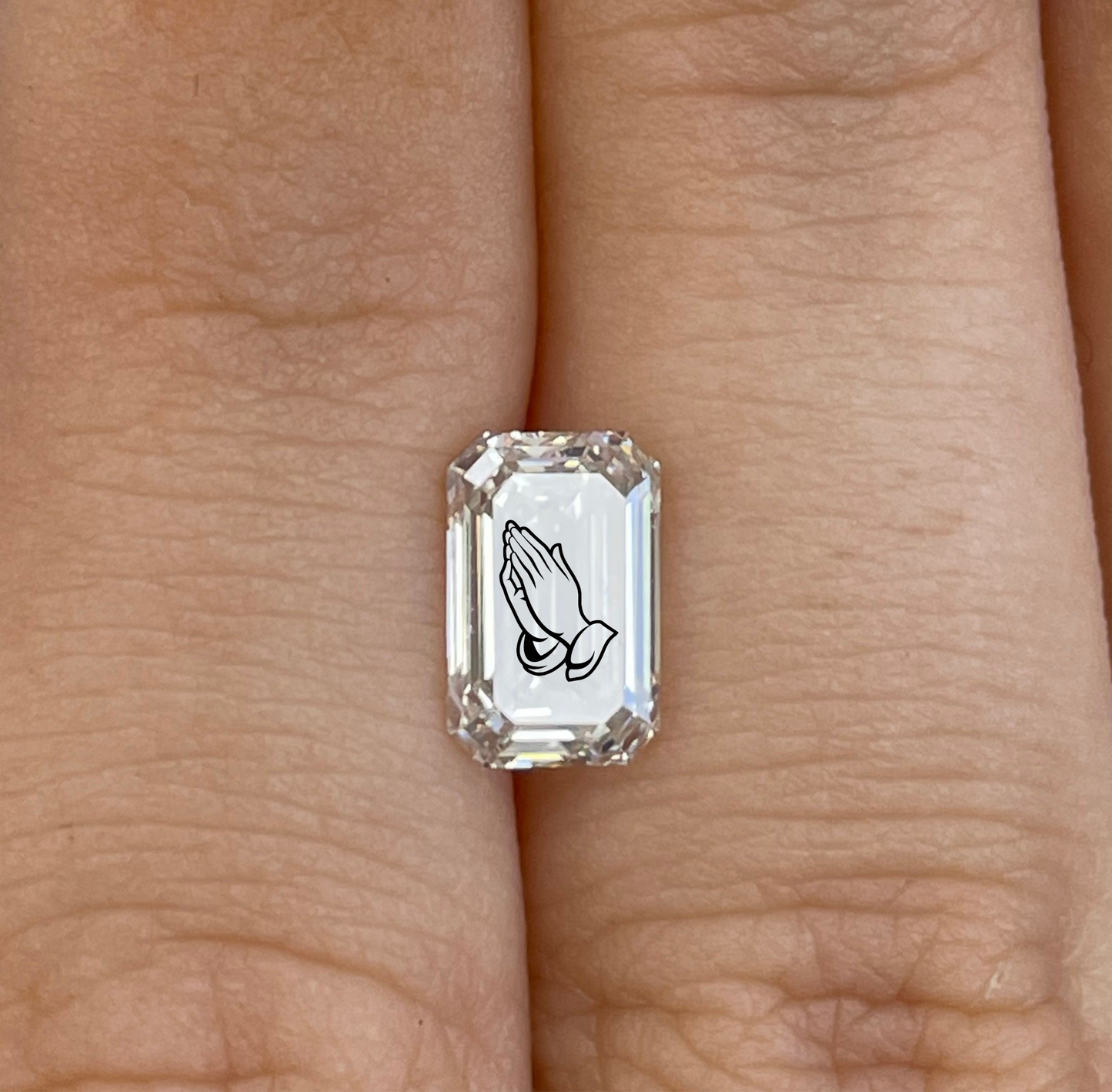 Lab Grown Diamond Emerald Necklace With Praying Hands Laser Engraved On The Diamond