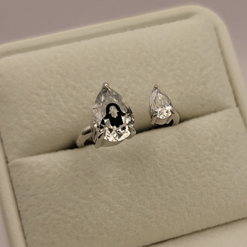 Laser Engrave Onto Center Of Lab Grown Diamond Pears Ring Hamsa Engraved 14K Gold