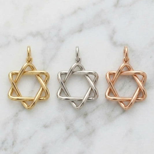 תליון גדול מגן דוד תלת מימד גיאומטרי זהב 14 קראט צהוב/לבן/רוז גולד - עיצוב מיוחד לשרשרת זהב עבה