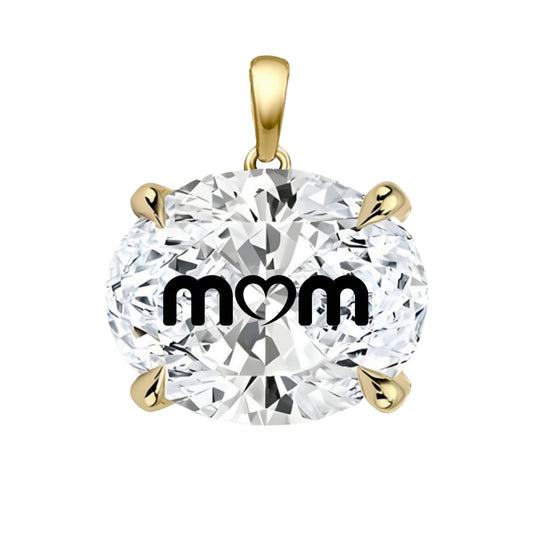 תליון יהלום מעבדה אובל עם חריטת לייזר MOM - זהב 14 קראט צהוב/לבן/רוז גולד