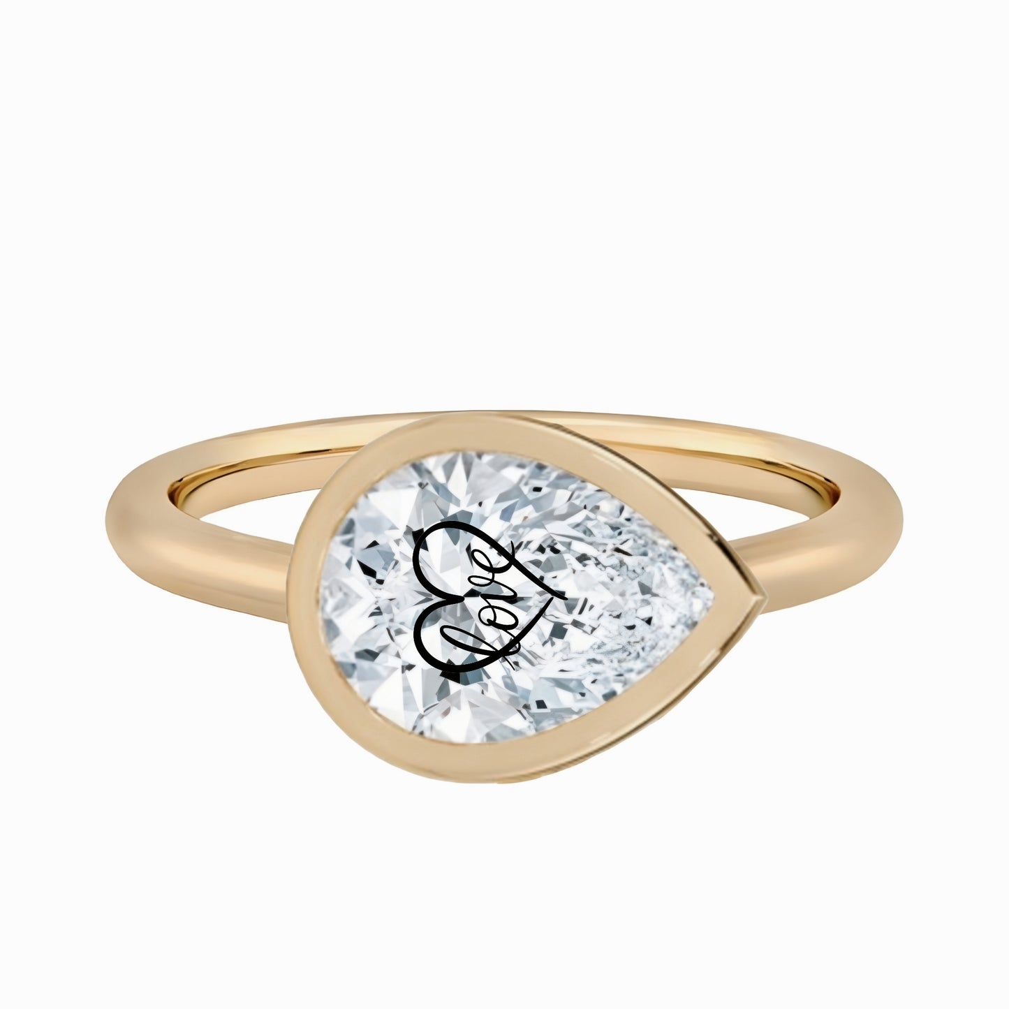 טבעת חותם יהלום מעבדה טיפה עם חריטת לייזר לב Love - זהב 14 קראט לבן/צהוב/רוז גולד – טבעת ייחודית