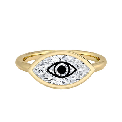 טבעת חותם יהלום מעבדה מרקיזה עם חריטת לייזר עין הרע - זהב 14 קראט לבן/צהוב/רוז גולד