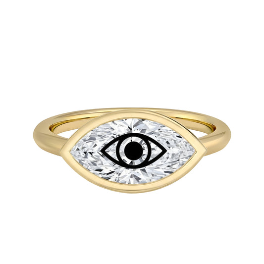 טבעת חותם יהלום מעבדה מרקיזה עם חריטת לייזר עין הרע - זהב 14 קראט לבן/צהוב/רוז גולד
