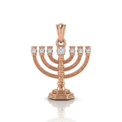תליון גדול מנורת בית המקדש שבעת הקנים בשיבוץ יהלומי מעבדה זהב 14 קראט צהוב/לבן/רוז גולד