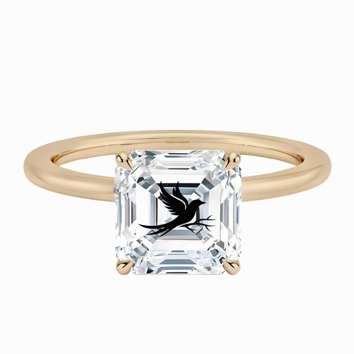 טבעת אבן מוסונייט אשר עם חריטת לייזר עורב וענף - זהב 14 קראט צהוב/לבן/רוז גולד