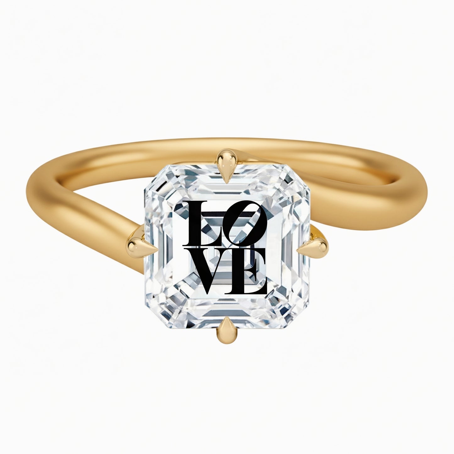 טבעת טוויסט יהלום מעבדה אשר עם חריטת לייזר LOVE - זהב 14 קראט לבן/צהוב/רוז גולד