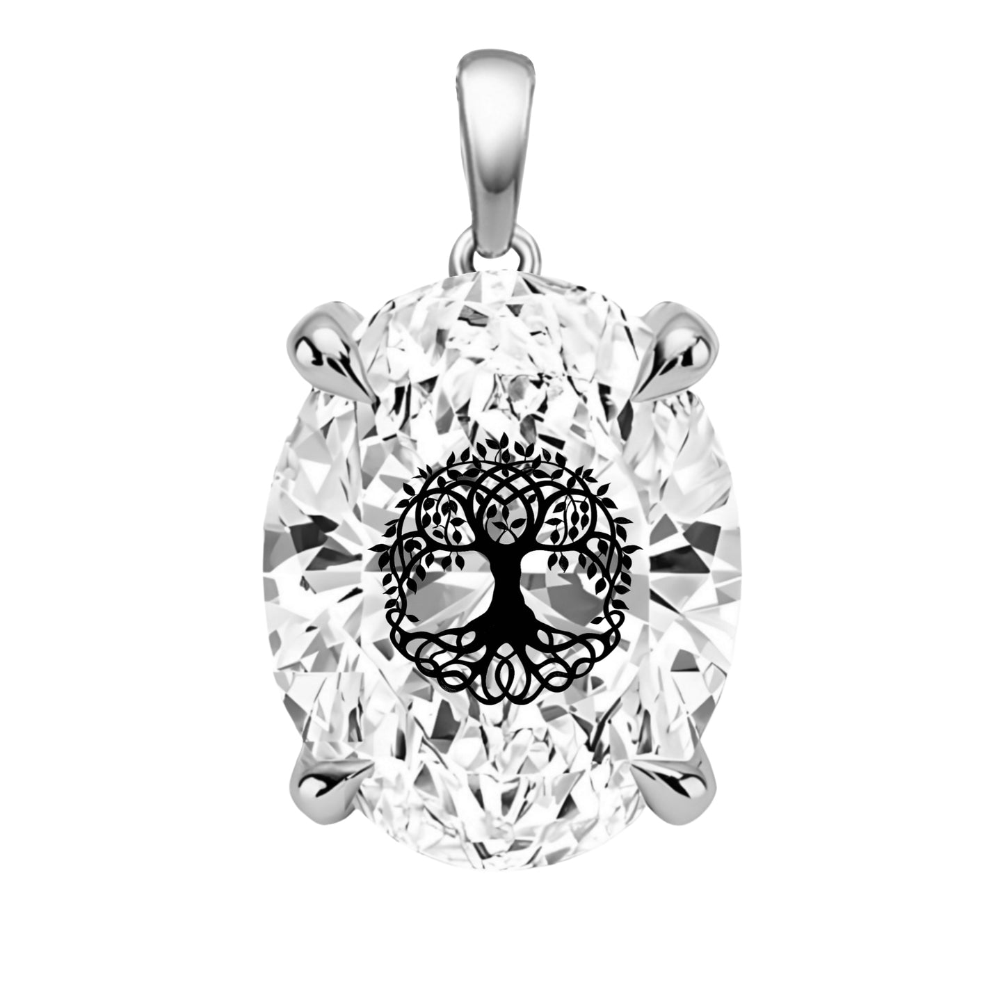 תליון אבן מוסונייט אובל עם חריטת לייזר עץ החיים - זהב 14 קראט צהוב/לבן/רוז גולד