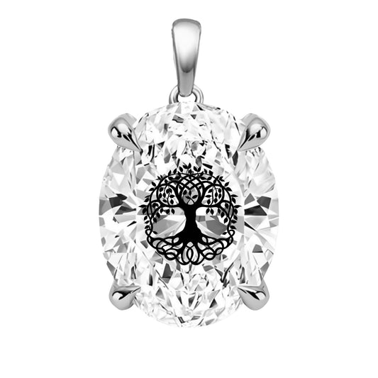 תליון אבן מוסונייט אובל עם חריטת לייזר עץ החיים - כסף 925