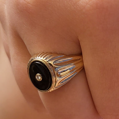 Onyx Stone & Lab Grown Diamond Signet Ring 14K Yellow/White/Rose Gold