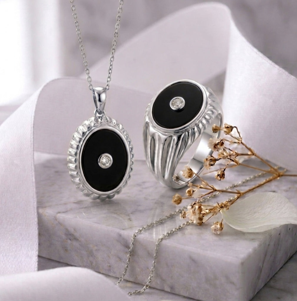 Oval Onyx Stone & Lab Grown Diamonds Signet Ring With Matching Pendant Necklace 14K Yellow/White/Rose Gold