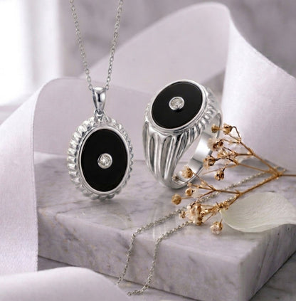 Oval Onyx Stone & Lab Grown Diamonds Signet Ring With Matching Pendant Necklace 14K Yellow/White/Rose Gold