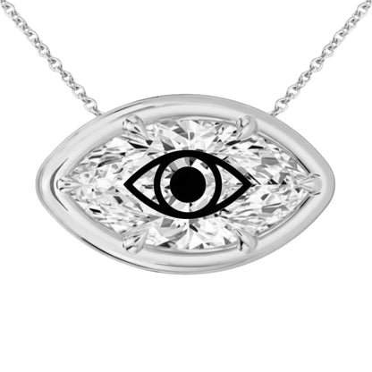 Laser Engrave On Lab Grown Diamond Marquise Bezel Prongs Pendant Evil Eye Engraved Necklace 14K Gold