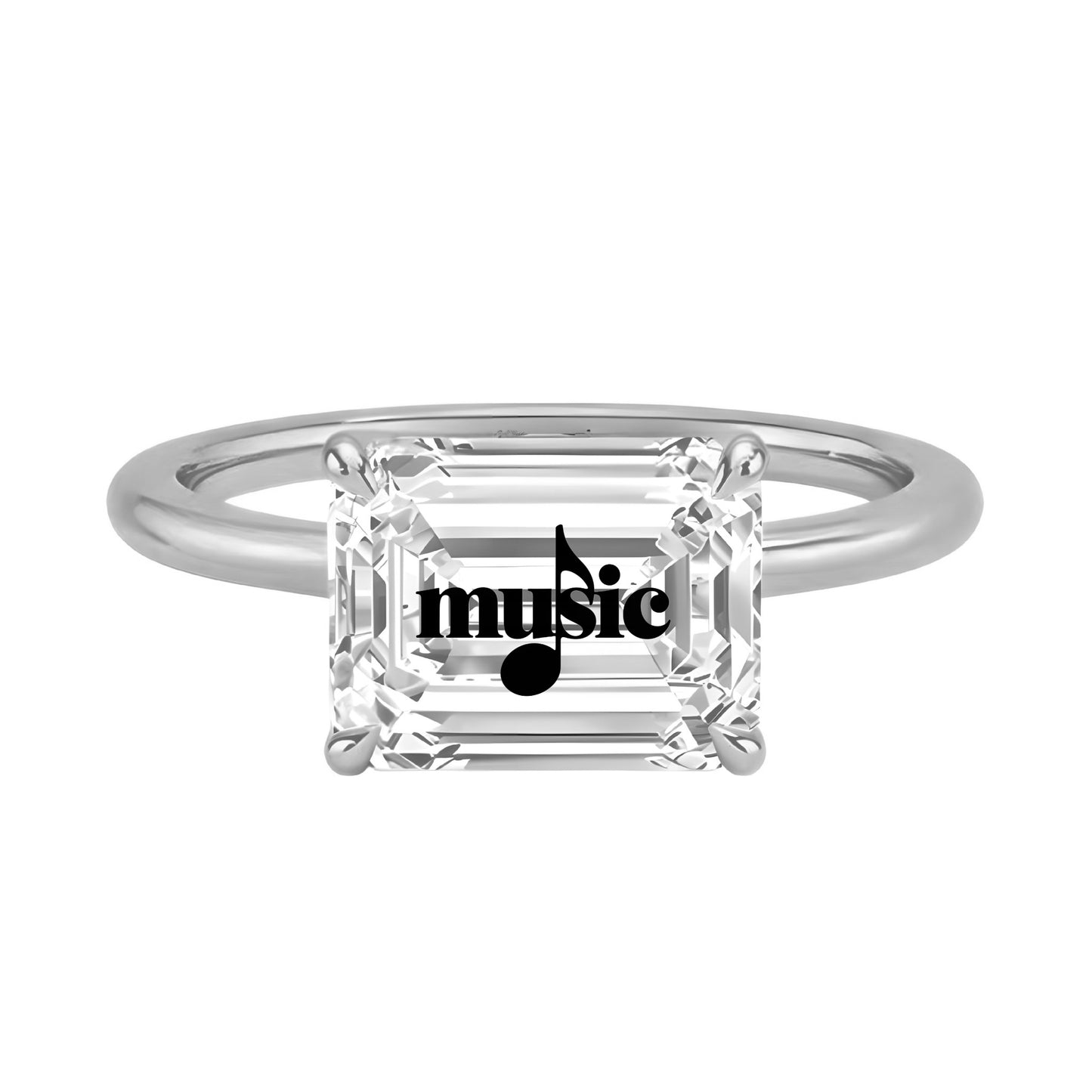 Lab Grown Diamond Emerald Ring With Music Laser Engraved On The Diamond 14K Gold