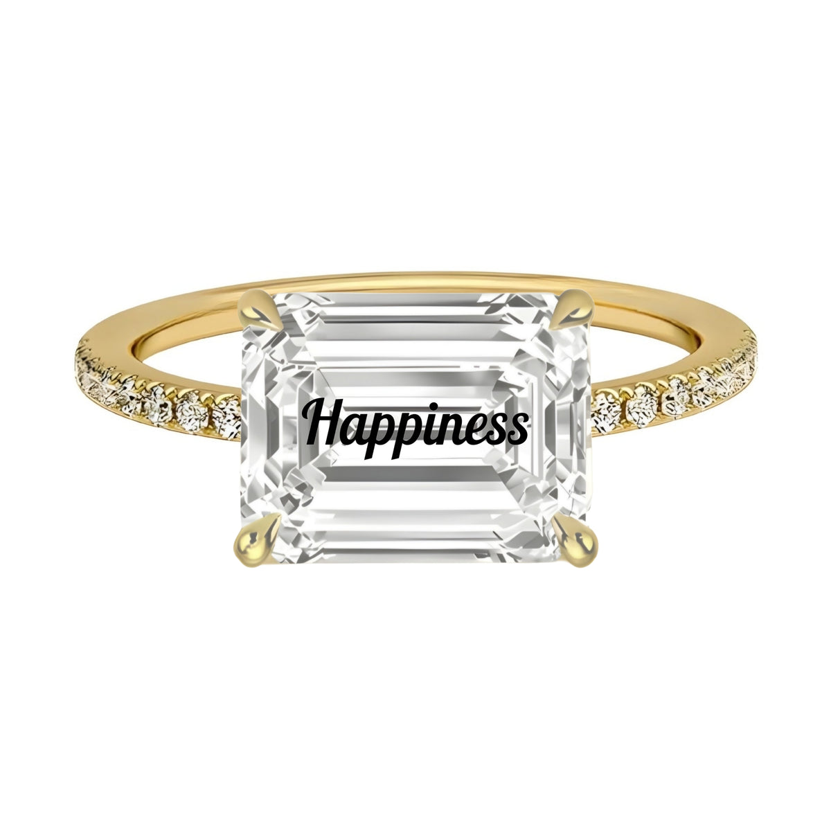טבעת יהלום מעבדה אמרלד חריטה Happiness עם יהלומים בצדדים - זהב 14 קראט צהוב/לבן/רוז גולד