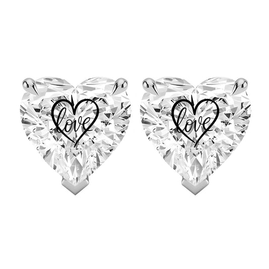 זוג עגילי אבן מוסונייט לב עם חריטת לייזר לב Love - כסף 925